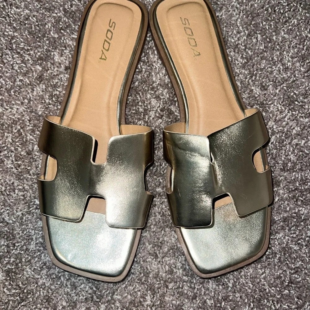 Soda Gold Slide Sandals with H Cut-Out Design - Picture 1 of 4